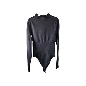 OQQ Women's Long Sleeve Ribbed Square Mock Neck Bodysuit Top Black Medium